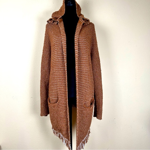 Free People Sweater Women’s M Brown Love Me Tender Cardi Boho Knit Fringe - Picture 2 of 16
